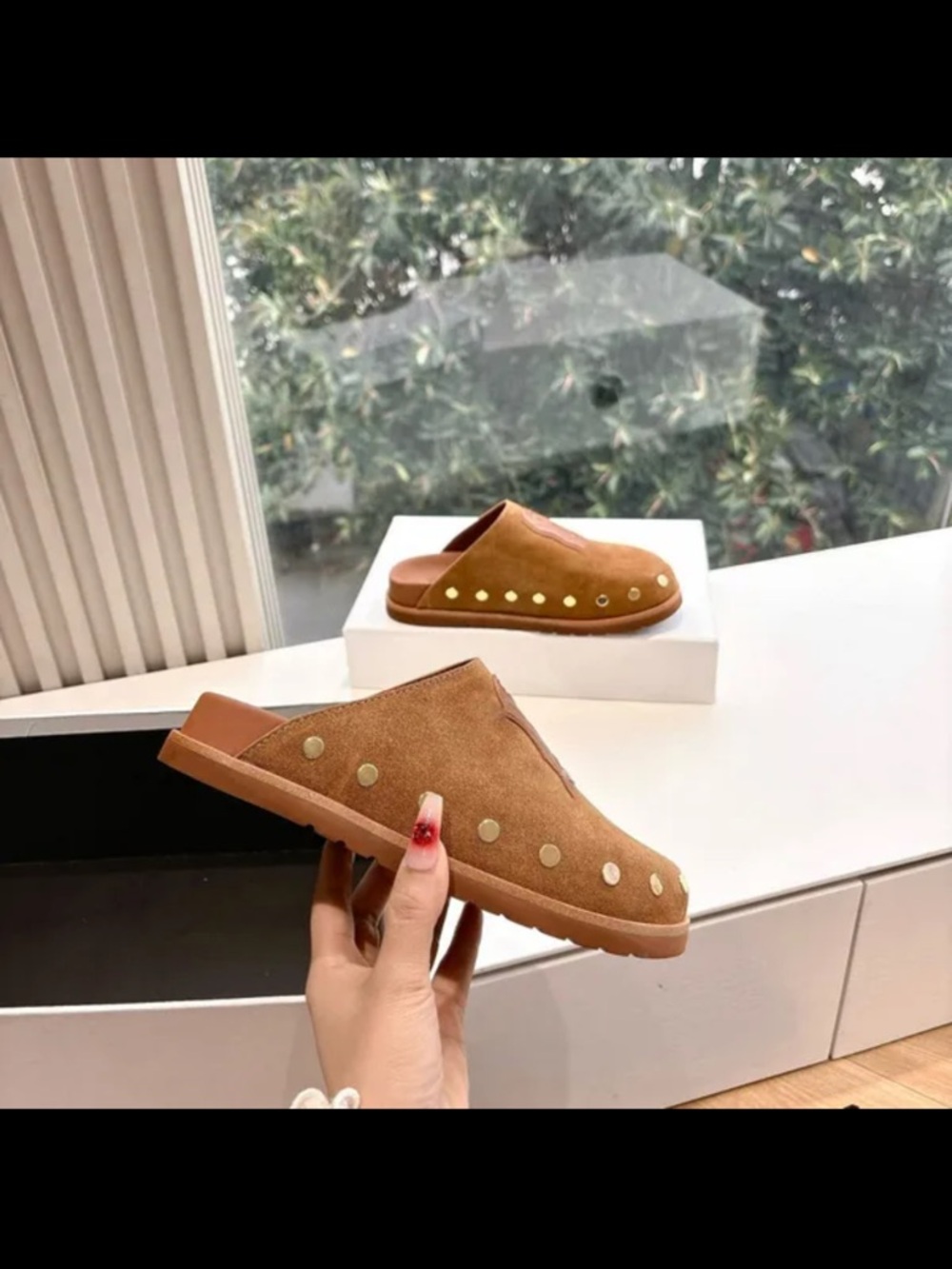Brown Suede Designer-Inspired Clogs with Leather Detail & Gold Studs